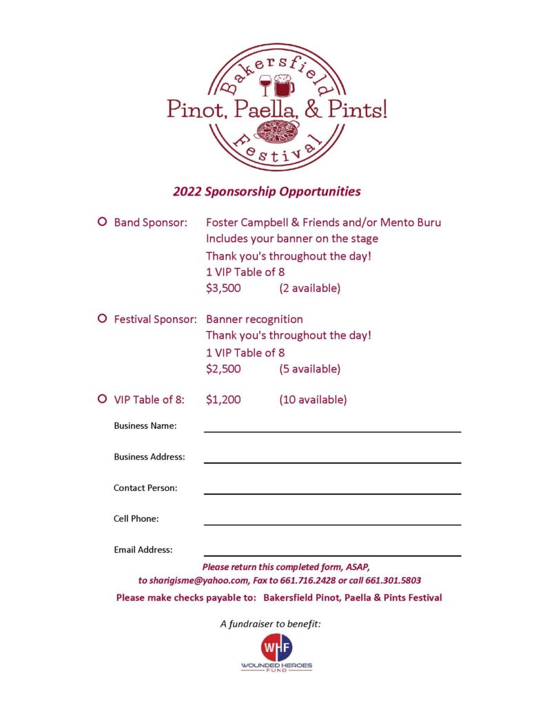 Bakersfield Pinot, Paella & Pints Festival sponsor registration form.