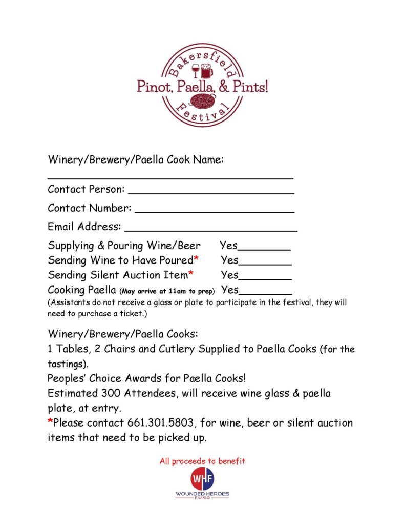 Bakersfield Pinot, Paella & Pints Festival registration form.